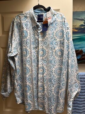Tommy Bahama Blue and Cream Geometric Mosaic Button-Up Shirt